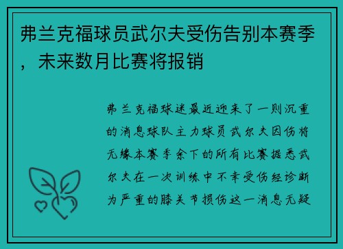 弗兰克福球员武尔夫受伤告别本赛季，未来数月比赛将报销
